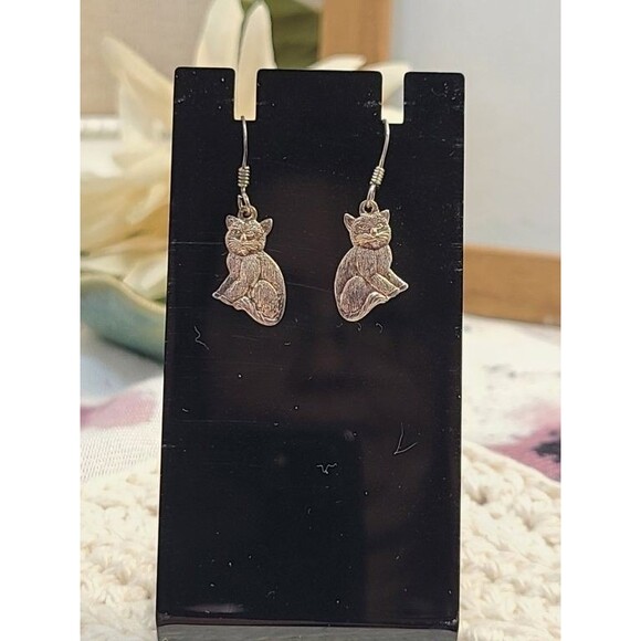 Sterling Silver Cat Earrings 925 Hook Dangle Animal Jewelry for Cat Lovers - Picture 2 of 6